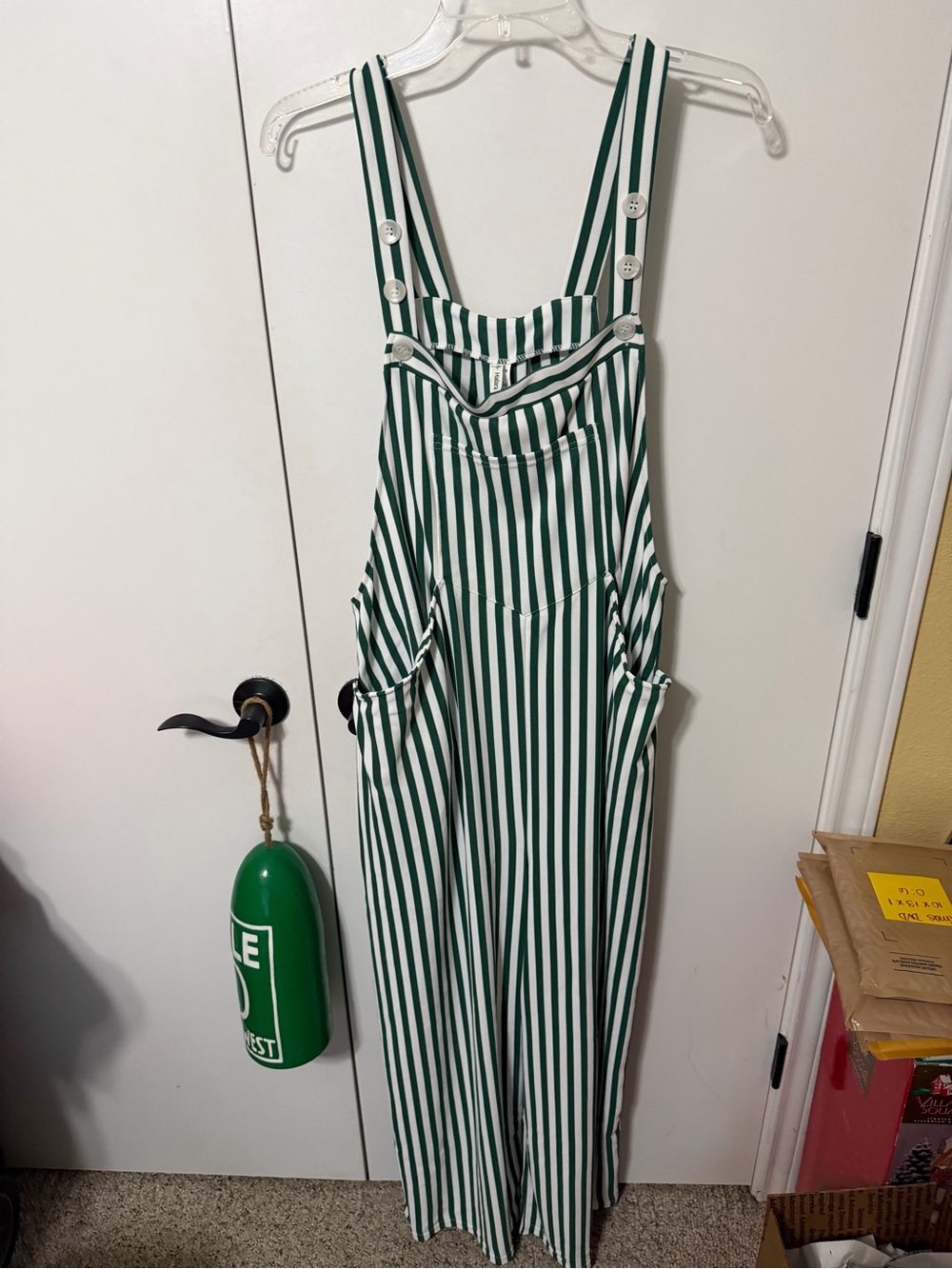 Halara Green & White Pockets Stripe Waffle Overalls XL